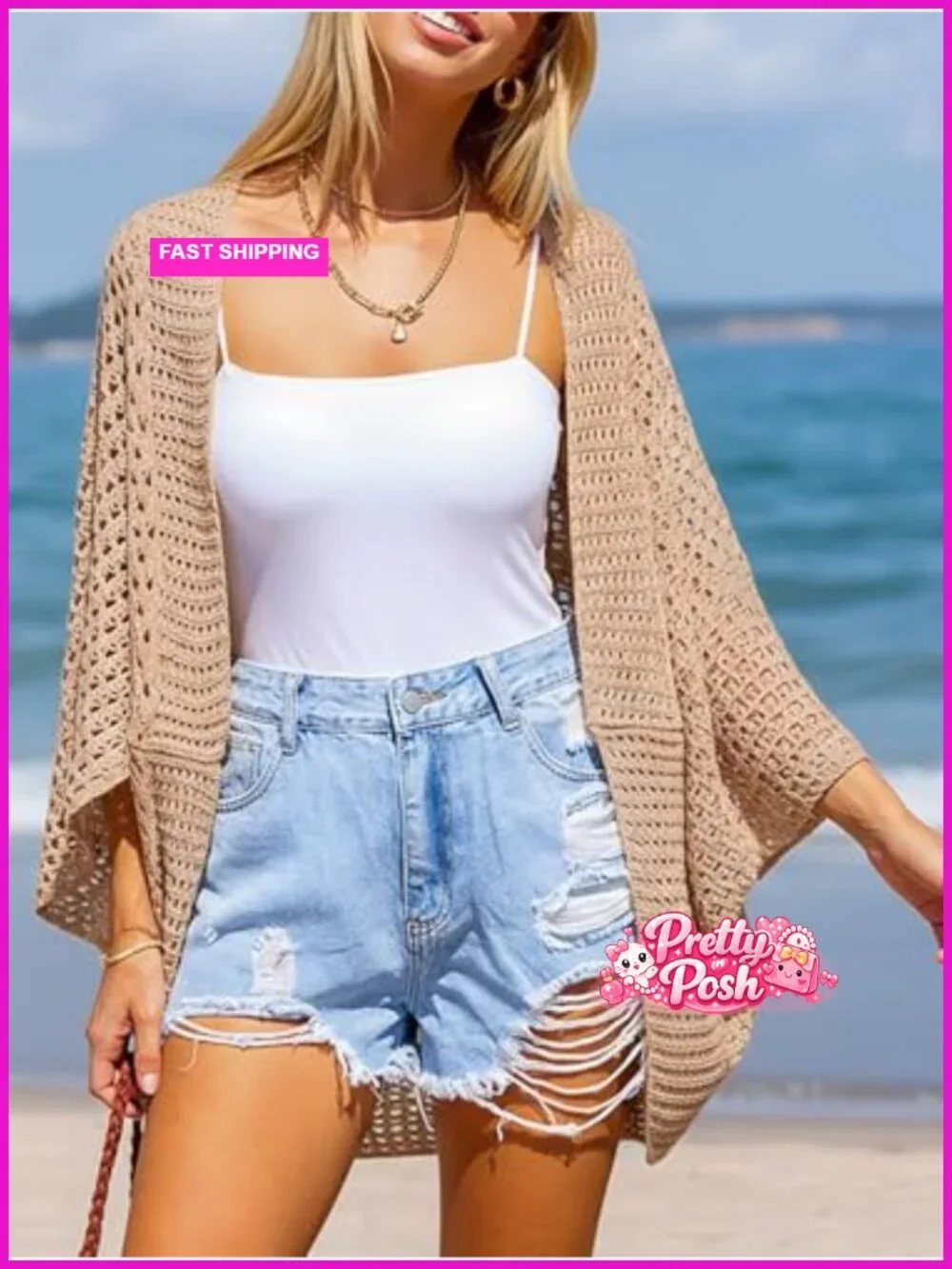 Knit Open Front Long Dolman Sleeves Beach Crocheted Cover-Up